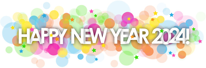 HAPPY NEW YEAR 2024! banner with colorful bokeh lights and stars on transparent background