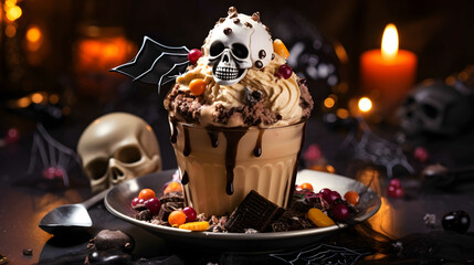Fototapeta na wymiar Close-Up Tasty Sweet Dessert with Creepy Halloween Decorations. Spooky Delight.