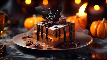 Fototapeta na wymiar Close-Up Tasty Sweet Dessert with Creepy Halloween Decorations. Spooky Delight.