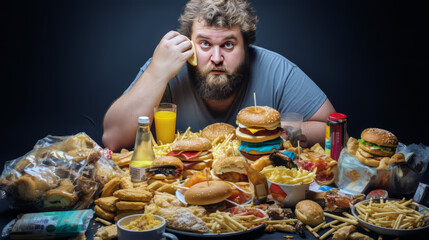 An overweight man eats junk food, hamburgers, fries, rich buns, carbonated drinks, hot sauces and...
