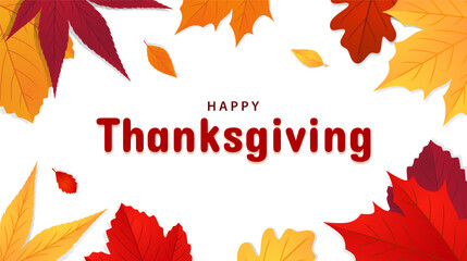 Happy thanksgiving text background with fall leaves. Seasonal celebration design for greeting card, poster, banner. Vector illustration