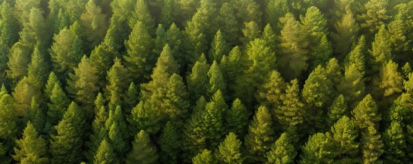 Nature symphony. Lush green pines forest serene summer morning view. Coniferous haven. Exploring evergreen beauty of pine from above