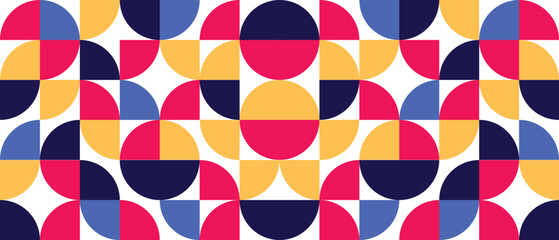 Abstract geometric mosaic seamless pattern background. Simple circle geometry shapes. Modern bauhaus style. 