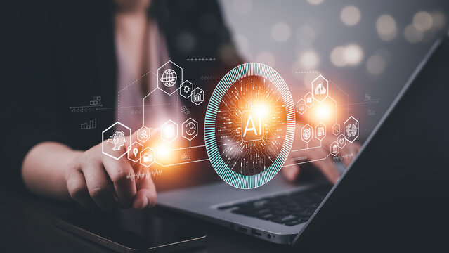 Programmer people working laptops or smartphones with AI, artificial intelligence software engineer coding on laptop computers with technology icons and binary code, big data, Ai bot digital machine