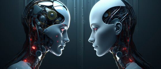 向かい合う人工知能を搭載したAIヒューマノイド「AI生成画像」