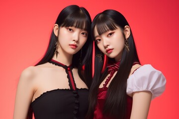 Two asian women in black dress on red background.Generative Ai