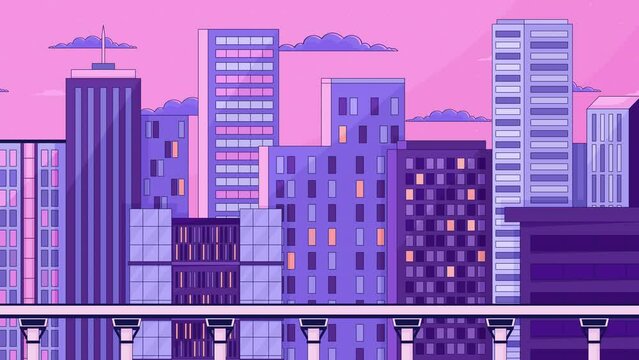 Bullet train night skyscrapers lo fi animated cartoon background. Highrise buildings twilight 90s retro lofi aesthetic live wallpaper animation. Railway train color chill scene 4K video motion graphic