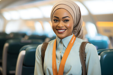 beautiful african american businesswoman in hijab smiling at camera in airplane