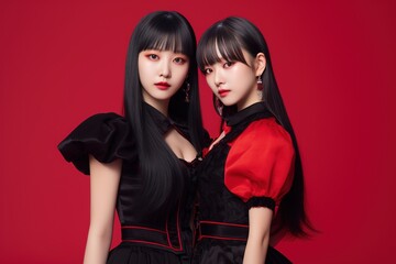 Two asian women in black dress on red background.Generative Ai