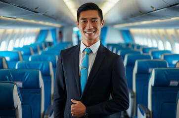 Portrait of young asian business man in airplane cabin. Travel and tourism concept.