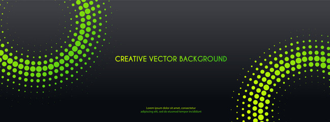 Abstract halftone dotted green circles dark background. Facebook cover, header, web banner