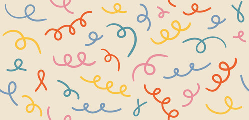 Colorful hand drawn twisted lines Y2K naive seamless pattern. Abstract doodle lines background for groovy banners, posters
