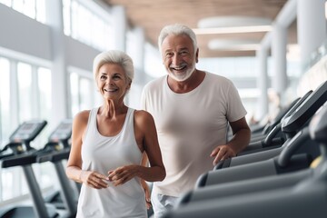 Obraz premium senior woman man exercise gym fitness couple sport healthy elderly health training active happy treadmill old fit mature female adult workout body vitality