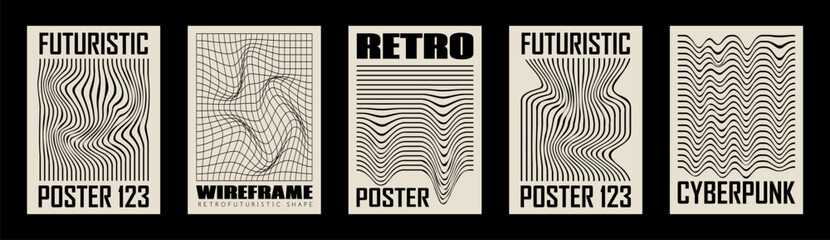 Retro futuristic abstract geometric y2k posters, wall art, t-shirt prints, banners. Glitch lines