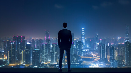 Fototapeta na wymiar 夜の摩天楼の夜景を見下ろすビジネスマンの後ろ姿「AI生成画像」