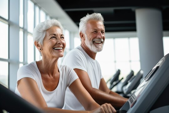 senior woman man exercise gym fitness couple sport healthy elderly health training active happy treadmill old fit mature female adult workout body vitality
