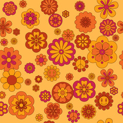 Floral carpet, Spring summer seamless pattern design, smile, pease symbol, daisy. 1970s-inspired and summer camp, warm boho. Ditsy flowers pink , yellow, orange, red, brown.
