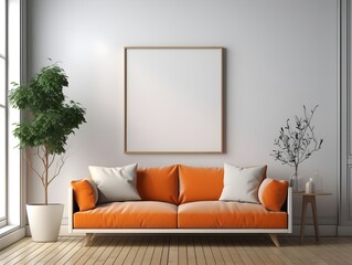 canvas mock up modern room, living room interior design, white walls, minimal  big windows, white empty frame on wall