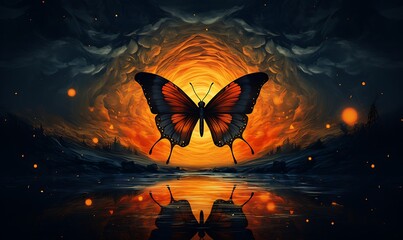 an illustration shows the appearance of a butterfly, in the style of dark sky-orange and amber