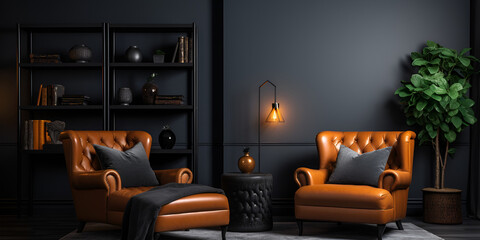 Modern interior design for home, office, interior details, upholstered furniture against the background of a dark classic wall, Studio interior for podcast and interview with two chairs, generative Ai