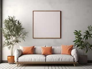 canvas mock up modern room, living room interior design, white walls, minimal  big windows, white empty frame on wall