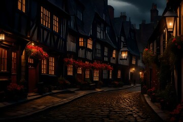 Fototapeta na wymiar A panoramic view of London in 19’ century, with its cobblestone paths, timbered houses, and warm lantern light spilling from windows - AI Generative