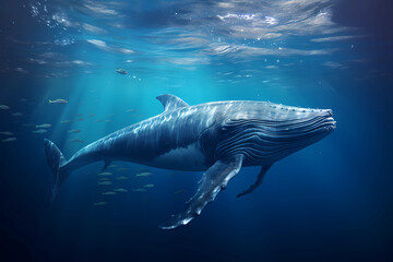 Fototapeta premium großer Wal (Blauwal, Buckelwal, Grauwal) im Ozean unter der Oberfläche, erstellt mit generativer KI