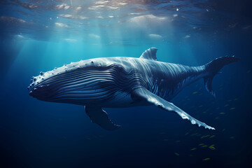 Naklejka premium großer Wal (Blauwal, Buckelwal, Grauwal) im Ozean unter der Oberfläche, erstellt mit generativer KI