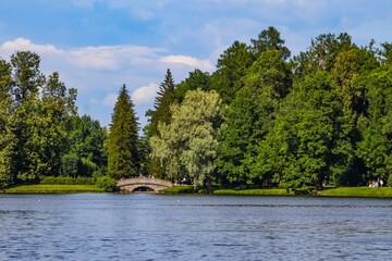 View of the picturesque landscape of the pond and green trees of the Catherine Park of Tsarskoye Selo on a summer day