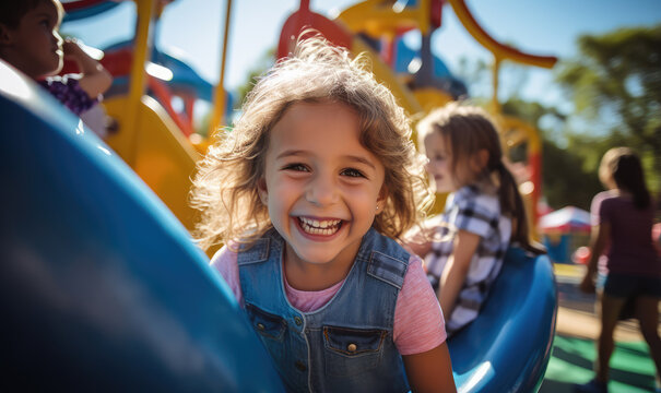 Smiling children playing in a park during Children's Day celebrations with party background.