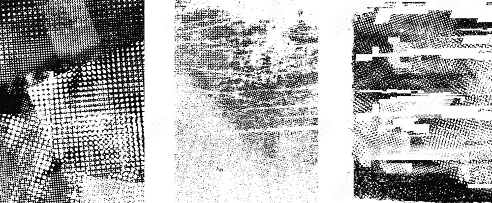 Poster Glitch distorted grungy isolated layers . Design element for brochure, social media, posters, flyers. Overlay texture.Textured banner with Distress effect .Vector halftone dots . Screen print texture