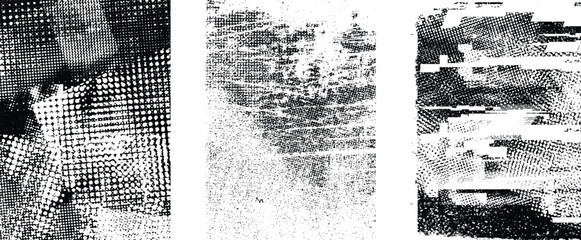 Glitch distorted grungy isolated layers . Design element for brochure, social media, posters, flyers. Overlay texture.Textured banner with Distress effect .Vector halftone dots . Screen print texture - obrazy, fototapety, plakaty