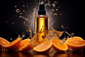 Cosmetic essence liquid, orange bubbles molecules, beauty product mock up