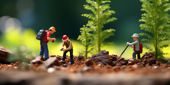 Miniature world photography a crew of tiny workers,  Miniature people, couple woman sitting on timber, woman sitting on green nature background using for holiday concept, generative Ai