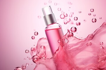 Cosmetic essence liquid, pink bubbles molecules, beauty product mock up. 
