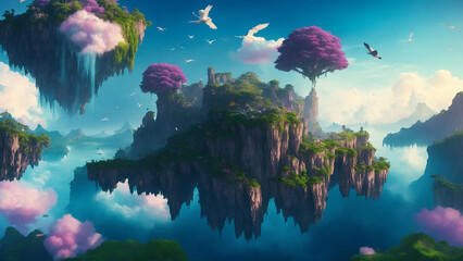 Fototapeta na wymiar a surreal, fantasy landscape with floating islands suspended in the sky - AI Generative