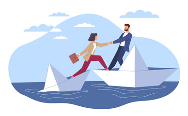 Concept of business assistance, businessman helps drowning person to board paper boat. Support entrepreneur from bankruptcy. Economical crisis. Cartoon flat style isolated vector illustration
