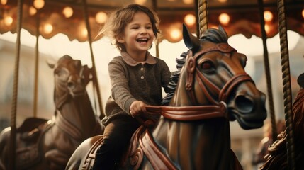 Fototapeta na wymiar A little girl riding a horse on a carousel