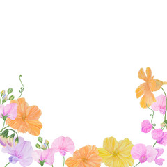 Watercolor botanical colourful frame of summer and autumn flowers: pink and lilac lathyrus and yellow and orange nasturtium. Hand drawn clipart for wedding print products, paper, invitation, greeting