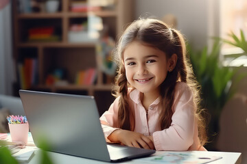 Schoolgirl sitting at home with her laptop computer. Girl smiling, online education, learning and courses for children concept.
