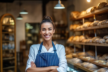 Pretty young bakery employee, happy woman on the background of bakery shop with fresh bread on shelves.
