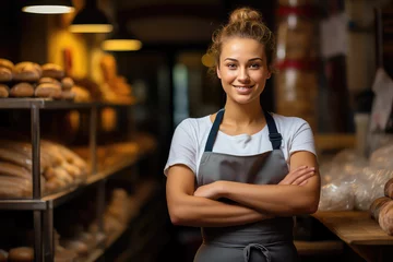 Gordijnen Attractive bakery employee, happy woman on the background of bakery shop with fresh bread on shelves.  © dinastya