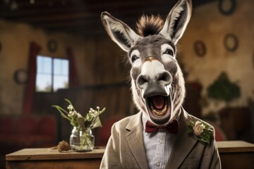 Singing donkey with a funny face wearing suit