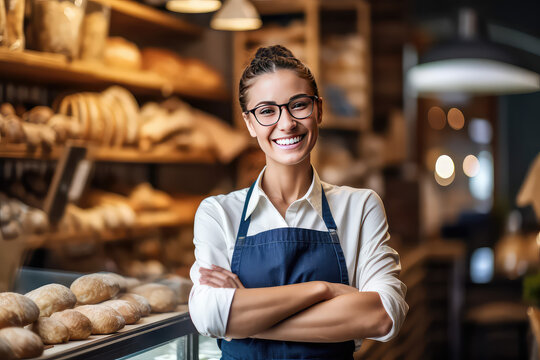 Pretty young bakery employee, happy woman on the background of bakery shop with fresh bread on shelves.
