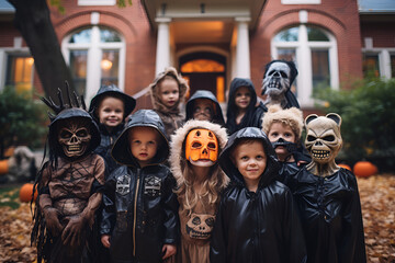 Fototapeta na wymiar Group of children in costumes during Halloween party near modern house.
