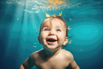 Cute little baby swimming underwater in the pool, smiling at the camera. Underwater kid portrait in motion.
