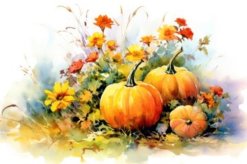 Naklejka na ściany i meble Autumn composition with pumpkins and flowers. Watercolor illustration. Generative AI