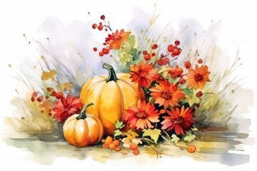 Colorful autumn illustration of pumpkins and red flowers. Watercolor illustration. Generative AI