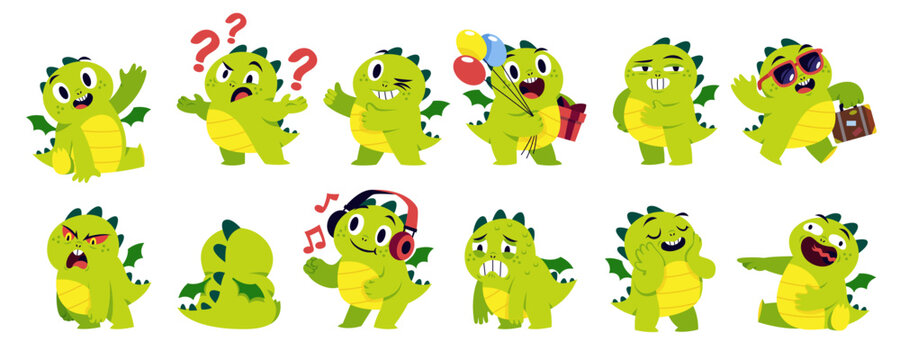 Cute cartoon dragon mascot. Kids dino character, baby fairy mythological animal, various emotions and poses, little kawaii creature, chinese mythology creature. Childish toy, tidy vector set