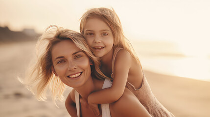 Fototapeta na wymiar Happy mother giving daughter piggyback ride at sandy beach. Happy family day on the seashore. Summer fun. 